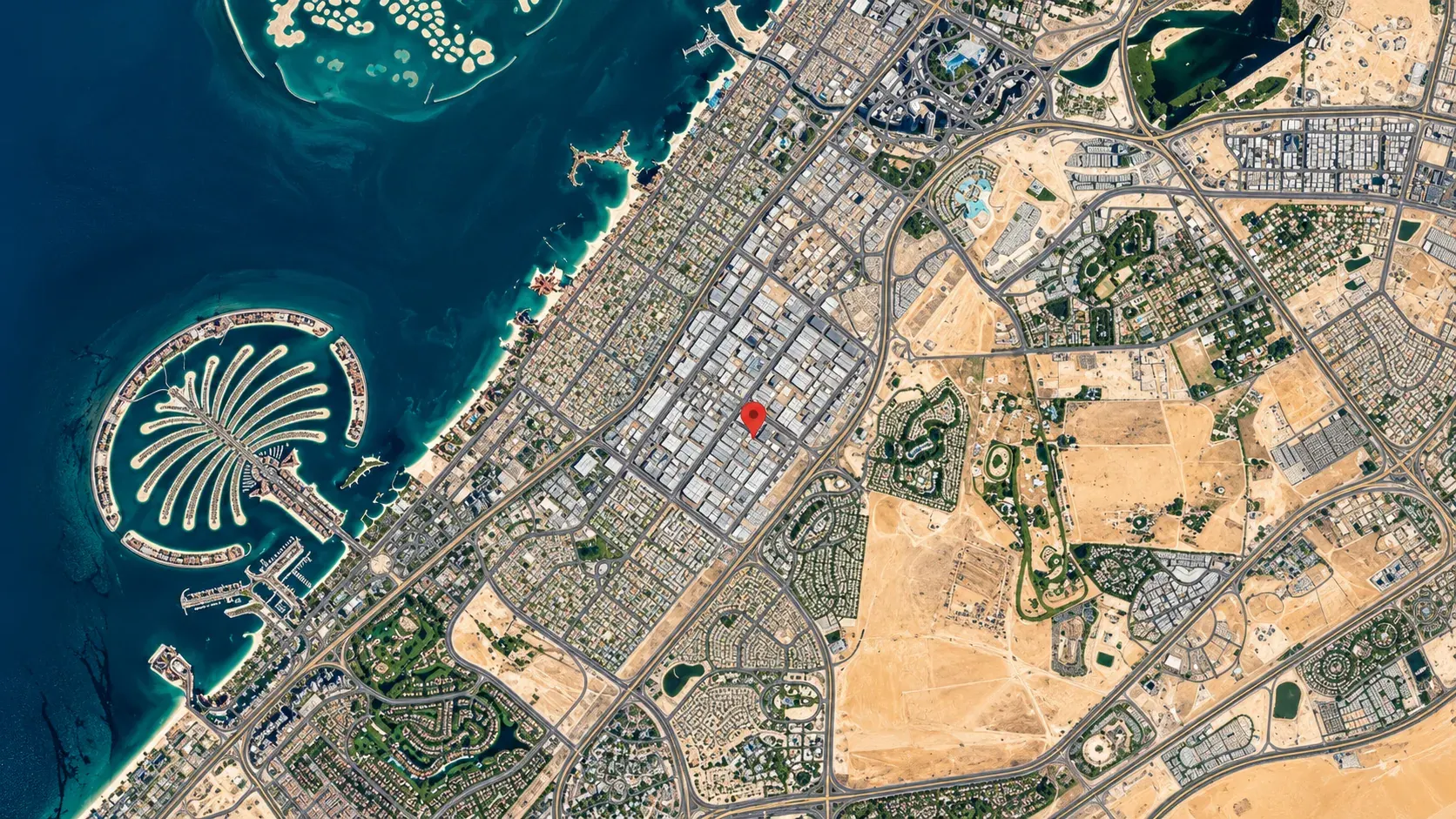 Satellite view of Dubai with the Wraptors studio in Al Quoz Industrial Area 4 marked